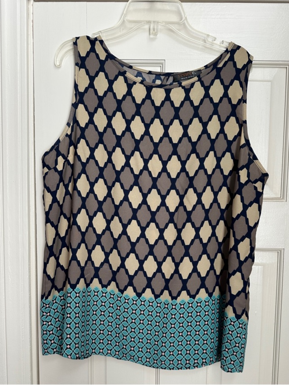 Renee C. Navy, Tan and Teal Patterned Sleeveless Tank